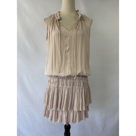Before You Mini Dress Cream Medium Knife Pleats Pleated Smocked Sleeveless - Picture 1 of 9